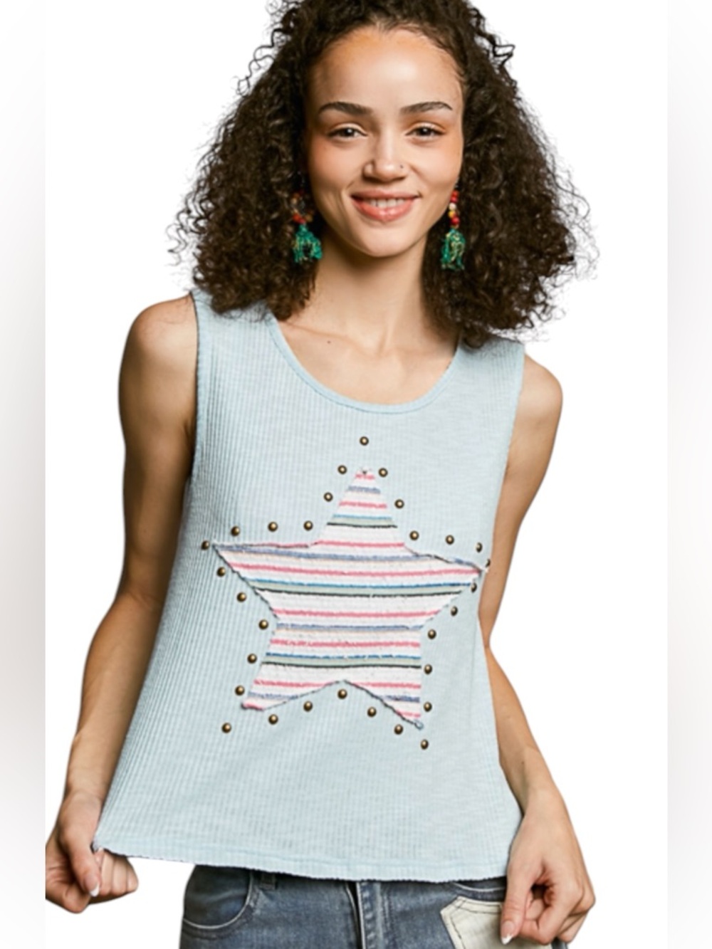 Light Blue Ribbed Tank with Striped Star Detail - Women